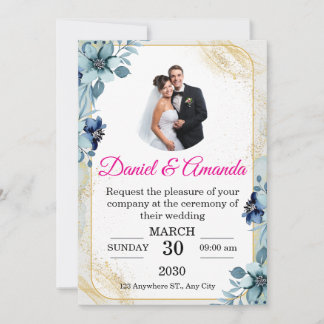 Convite de Casamento com Foto Floral em Azul Desbo
