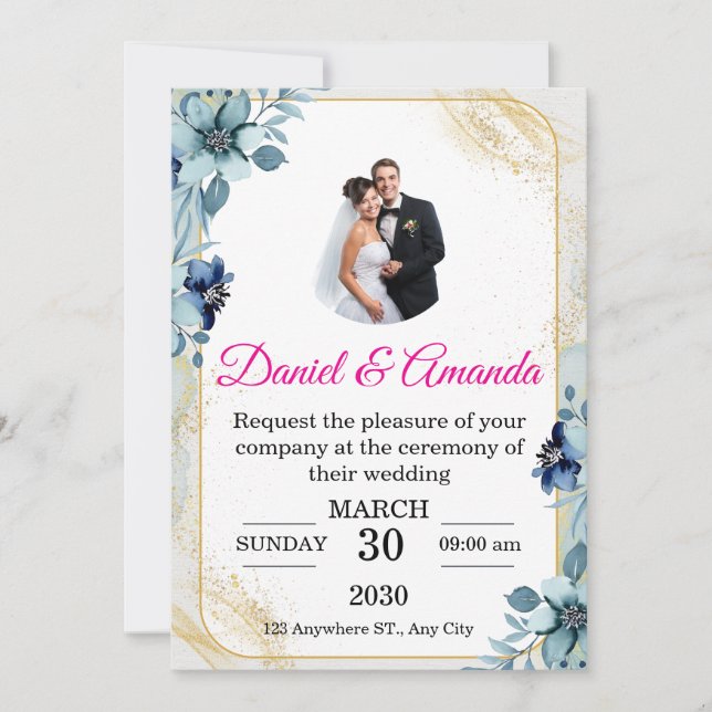 Convite de Casamento com Foto Floral em Azul Desbo (Frente)