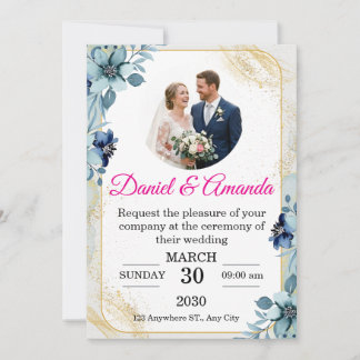 Convite de Casamento com Foto Floral em Azul Poeir