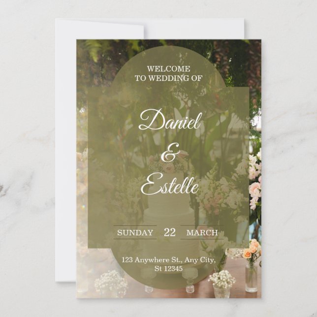 Convite de Casamento com Foto Floral em Verde Oliv (Frente)