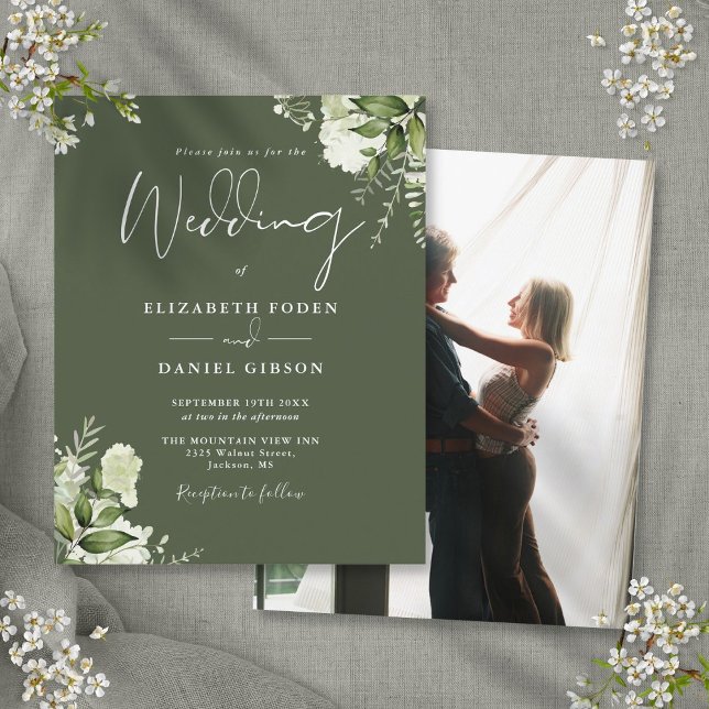 Convite de casamento com foto floral em verde oliv (Budget Olive Green Floral Photo Wedding Invitation)