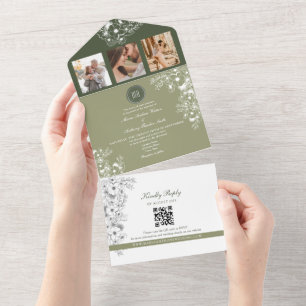 Convite de Casamento com Foto Floral em Verde Oliv