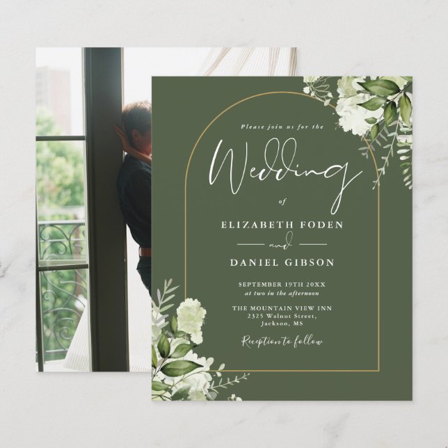 Convite de Casamento com Foto Floral em Verde Oliv (Frente/Verso)