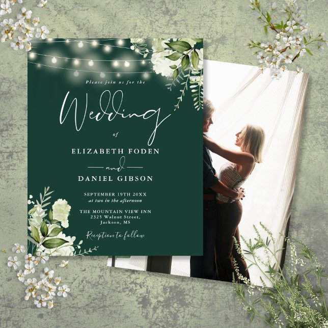 Convite de Casamento com Foto Floral Esmeralda Eco (Budget Floral Emerald Photo Wedding Invite)