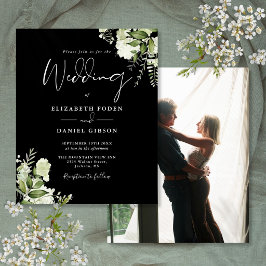 Convite de Casamento com Foto Floral Preto e Branc