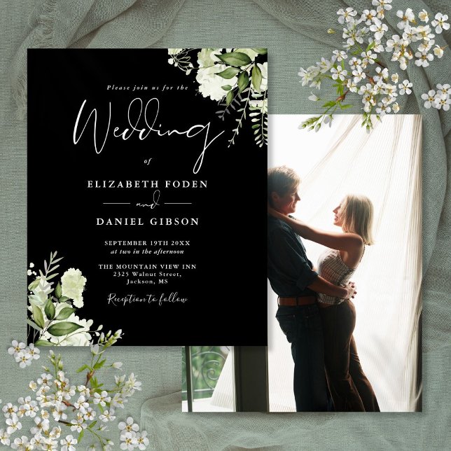 Convite de Casamento com Foto Floral Preto e Branc (Budget Black White Floral Photo Wedding Invitation)