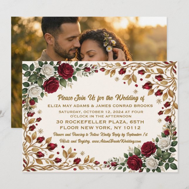 Convite de Casamento com Foto Floral Rosa de Nova  (Frente/Verso)