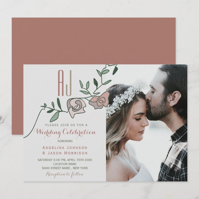 Convite de Casamento com Foto Floral Rosa Poeirent (Frente/Verso)