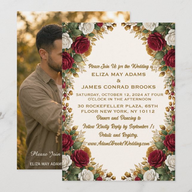 Convite de Casamento com Foto Floral Rose Gold de  (Frente/Verso)