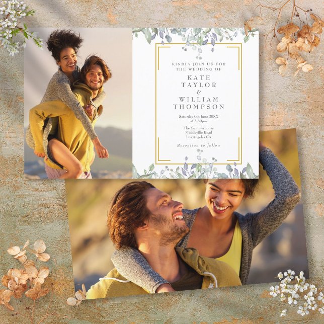 Convite de Casamento com Foto Floral Verde Econômi (Budget Greenery Floral 2 Photo Wedding Invitation)