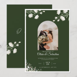 Convite de Casamento com Foto Floral Verde Escuro