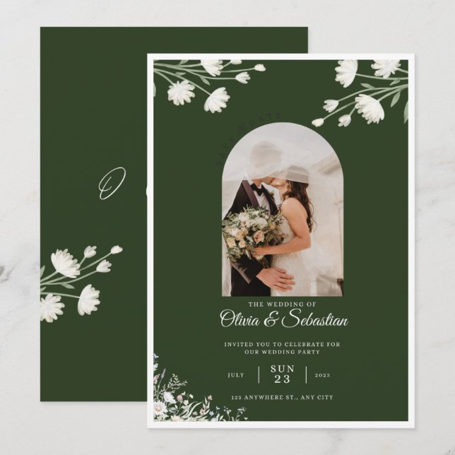 Convite de Casamento com Foto Floral Verde Escuro  (Frente/Verso)