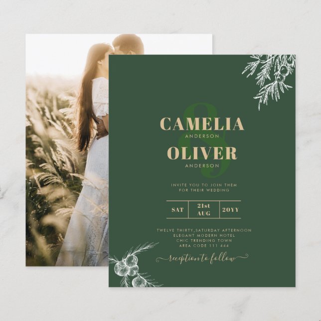 CONVITE DE CASAMENTO COM FOTO Juniper Green Modern (Frente/Verso)