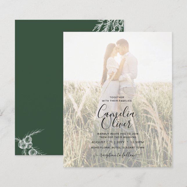 Convite de Casamento com Foto JUNIPER GREEN Modern (Frente/Verso)