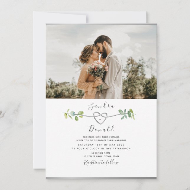 Convite de Casamento com Foto Moderno Eucalipto (Frente)