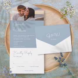 Convite de Casamento com Foto Monograma Azul Poeir