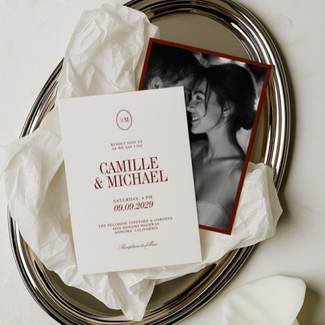 Convite de Casamento com Foto Monograma em Terraco (Deep Red Terracotta Monogram Photo Wedding Invitation)
