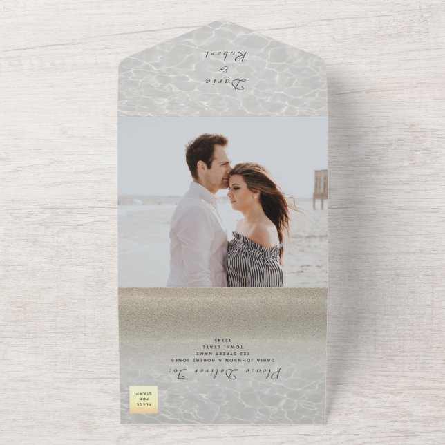 Convite de Casamento com Foto na Praia Tudo em Um (Externo)