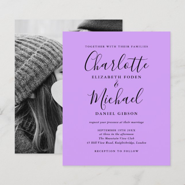 Convite de Casamento com Foto no Tom Lilás por Orç (Frente/Verso)