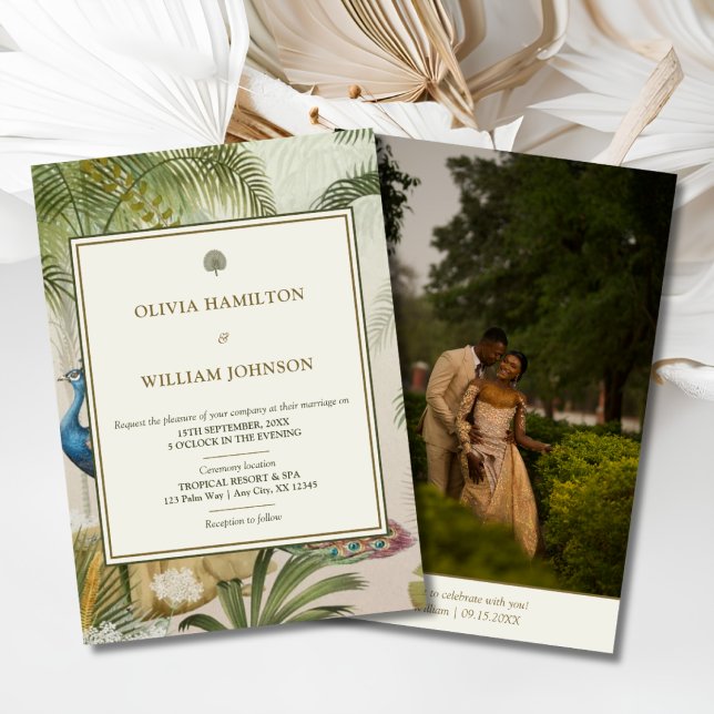 Convite de Casamento com Foto no Verso Peacock Pal (Peacock Palm wedding invitation with personalized photo back for tropical destination weddings)