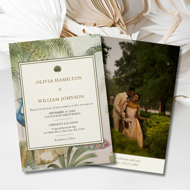 Convite de Casamento com Foto no Verso Peacock Pal (Peacock Palm wedding invitation with personalized photo back for tropical destination weddings)