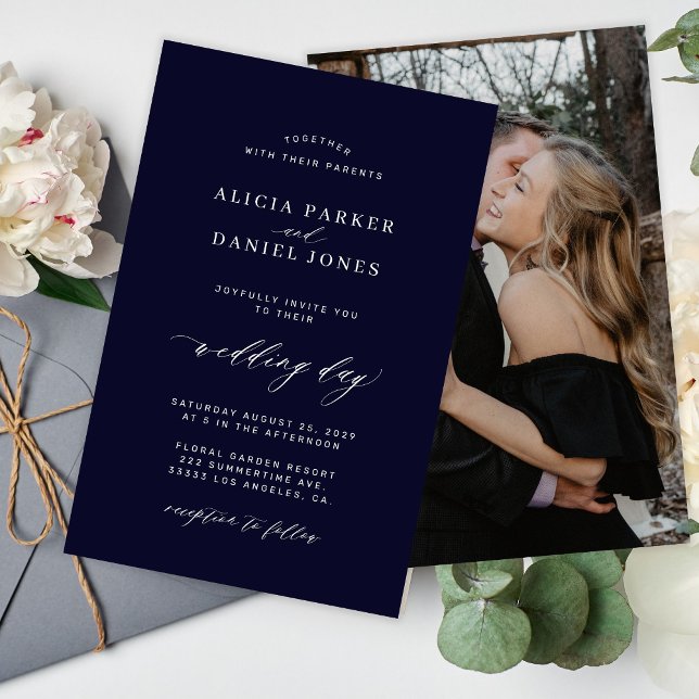 Convite de casamento com foto orçamento azul marin (Criador carregado)
