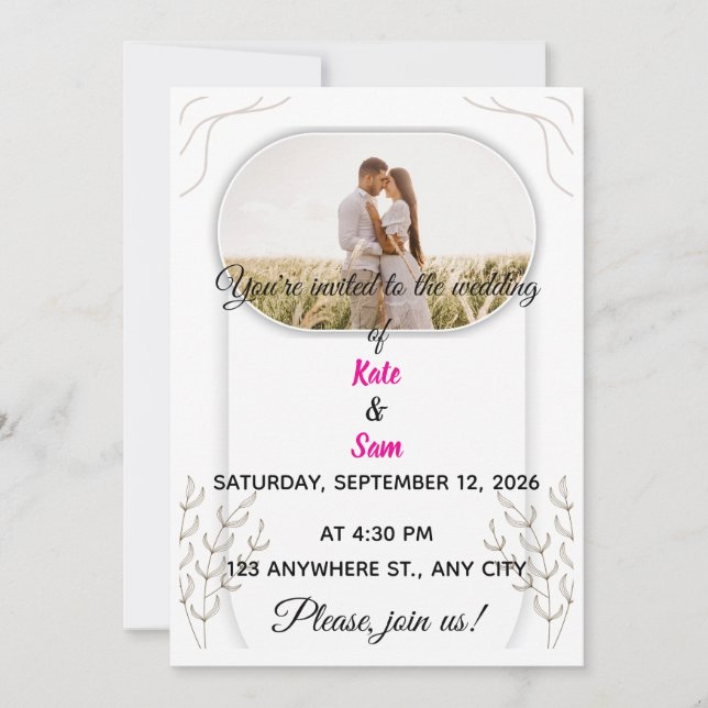 Convite de Casamento com Foto Oval e Botânica (Frente)
