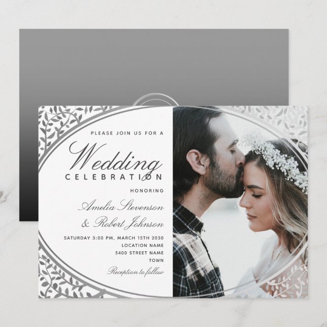 Convite de Casamento com Foto Preto e Branco Elega (Frente/Verso)