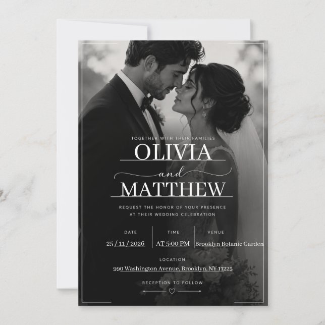 Convite de Casamento com Foto Preto Minimalista Mo (Frente)