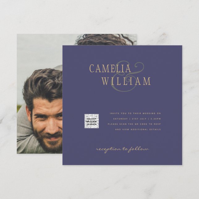 Convite de Casamento com Foto QRCode RSVP Roxo Esc (Frente/Verso)