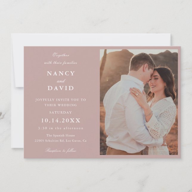 Convite de Casamento com Foto Rosa Empoeirada (Frente)