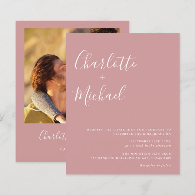Convite de Casamento com Foto Rosa Empoeirada Orça (Frente/Verso)
