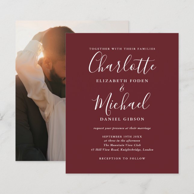 Convite de Casamento com Foto Rosa Rosewood Econôm (Frente/Verso)