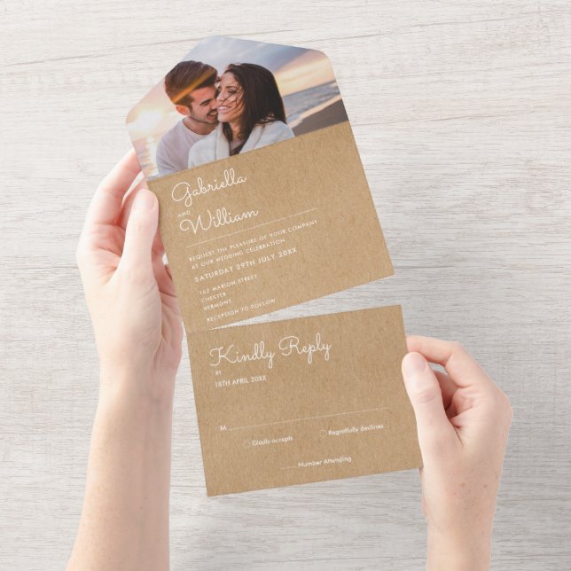Convite de Casamento com Foto Rústica Kraft Monogr (Tearaway)