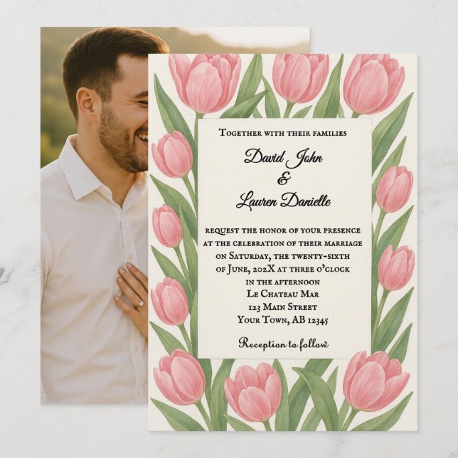 Convite de Casamento com Foto Tulipas Juntas (Frente/Verso)