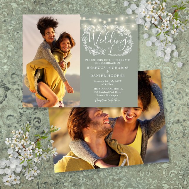 Convite de Casamento com Fotos e Luzes Verde Sage  (Budget Sage Green Lights 2 Photo Wedding Invite)
