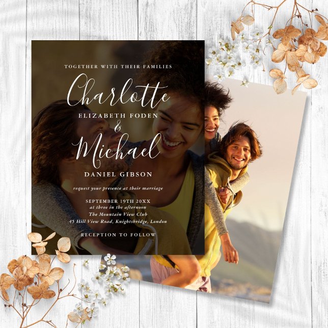 Convite de Casamento com Fotos Script Budget Chic  (Budget Chic Script 2 Photos Wedding Invitation)