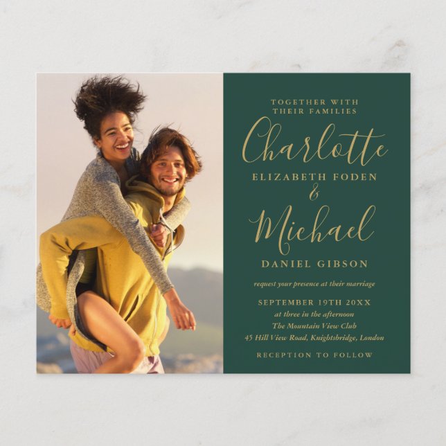 Convite de Casamento com Fotos Verde e Dourado Eco (Frente)