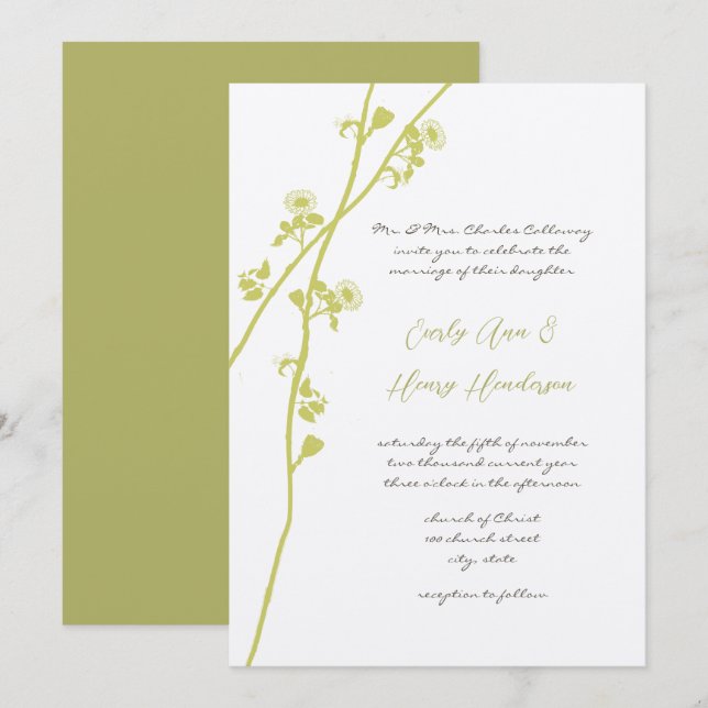 Convite de Casamento com Galho de Flor Selvagem de (Frente/Verso)