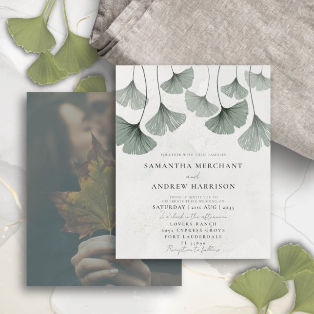 Convite de Casamento com Ginkgo em Aquarela Verde  (Criador carregado)