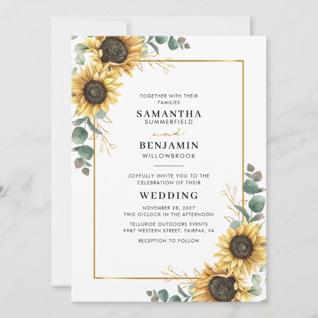 Convite de Casamento com Girassóis em Aquarela e E (Frente)