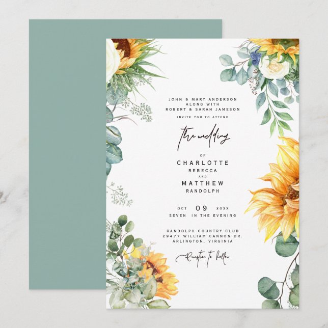 Convite de Casamento com Girassóis em Cascata e Ve (Frente/Verso)