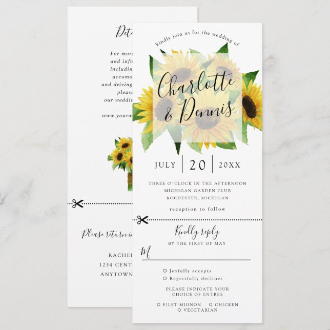 Convite de casamento com girassol com RSVP incluso (Frente/Verso)