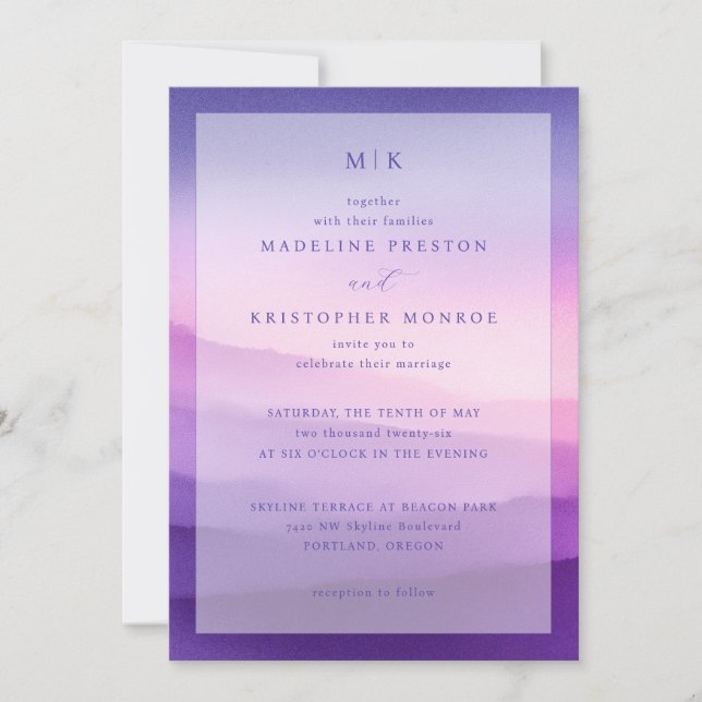 Convite de Casamento com Gradiente Roxo Elegante (Frente)