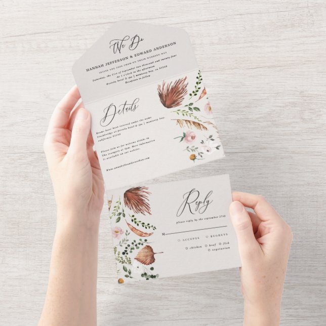 Convite de Casamento com Grafismo Botânico Boho Rú (Aba destacável)