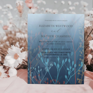 Convite de Casamento com Grama e Folhagem Azul Orç