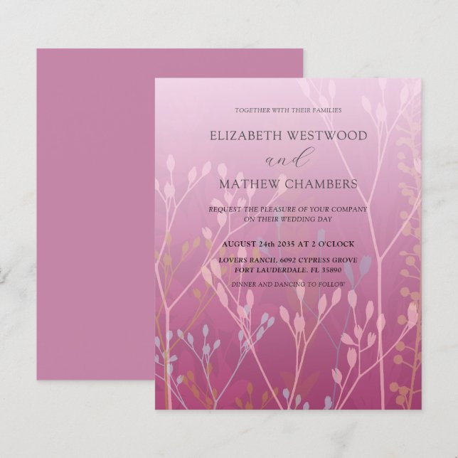 Convite de Casamento com Grama e Folhagem Rosa Orç (Frente/Verso)