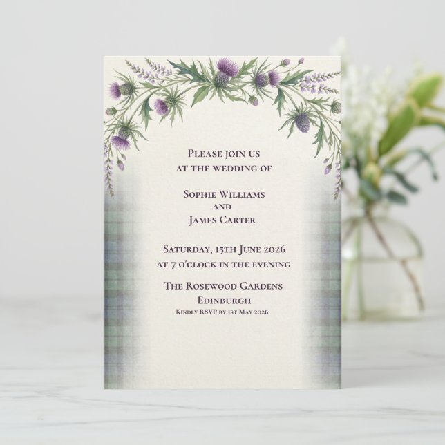 Convite de Casamento com Grinalda de Cardo Escocês (Em pé/Frente)