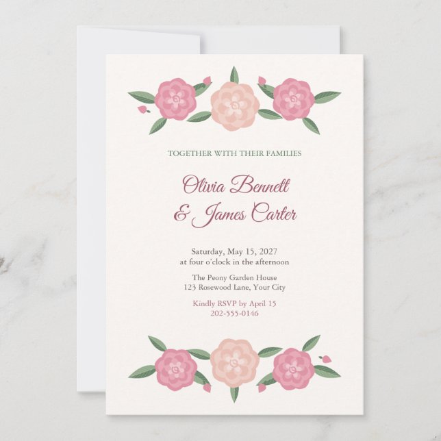Convite de Casamento com Grinalda de Peônia Rosa (Frente)