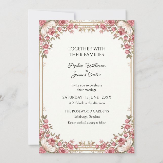 Convite de Casamento com Grinalda de Rosa Rosa Mar (Frente)